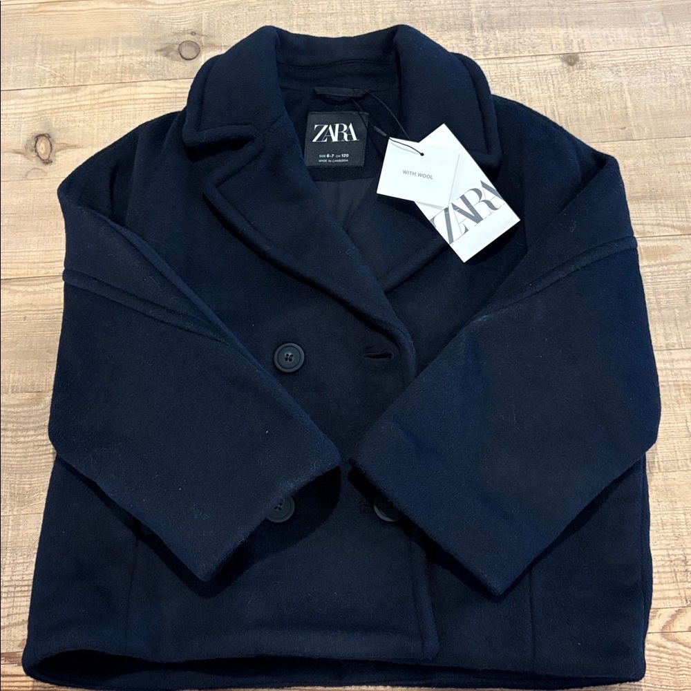 NWT ZARA GIRL'S BLUE DOUBLE BREASTED PEACOAT SIZE 6-7